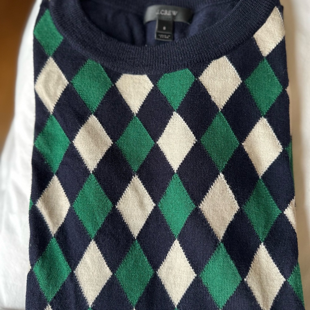 J. Crew Women Crewneck Sweater - Navy, Green, and Cream Argyle